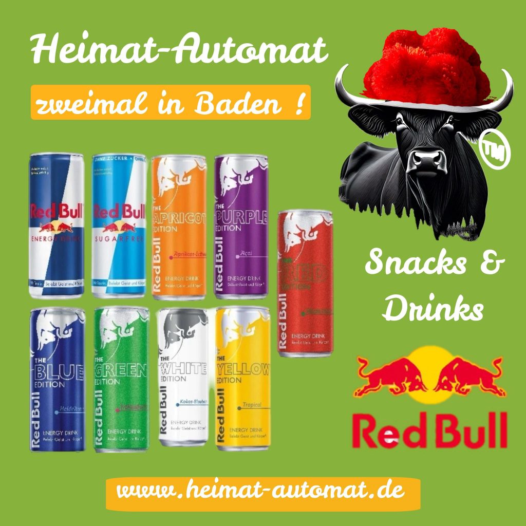 Red Bull in verschiedenen Sorten im Heimat Automat Riegel am Kaiserstuhl und Freiburg